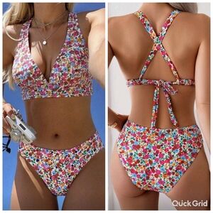 Womens Casual Beach & Swim Floral Ditsy Flower Halter Tie Back High Waist Bikini